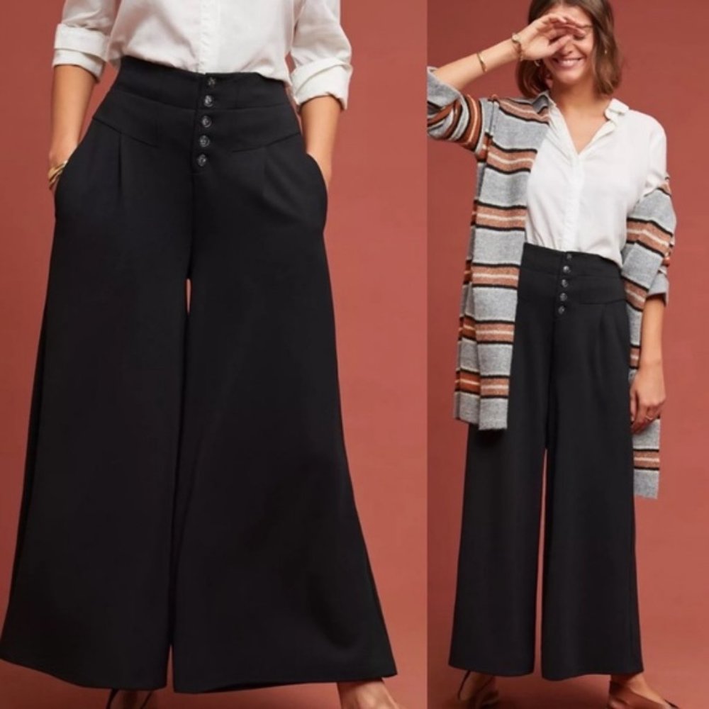 ANTHROPOLOGIE Black Lucerne Wide Leg Culotte Cropped Knit Pants Size L - NWT